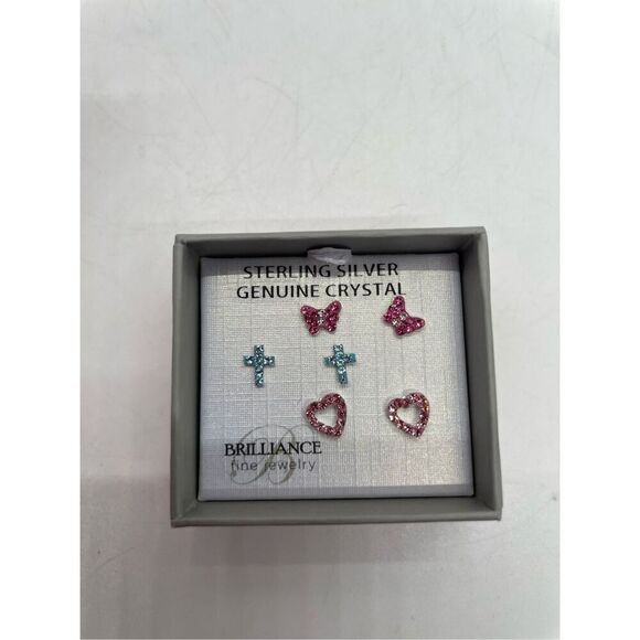 Brilliance Fine Girl's Sterling Silver Crystal Pierced Earring Set New Gift Idea - Picture 1 of 5